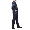 Side view of original French police blue anti-static protective coverall jumpsuit with pockets and durable fabric