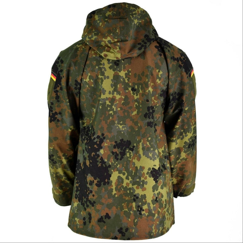 Back view of original German army GoreTex Flecktarn camouflage waterproof rain jacket with hood and adjustable sleeves