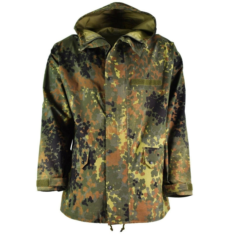 Original German army GoreTex waterproof Flecktarn camouflage rain jacket with hood and adjustable sleeves