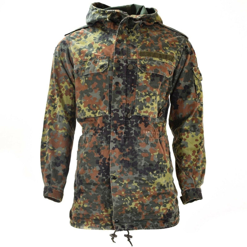 Original German army Flecktarn camo field jacket parka with hood, liner, multiple pockets, and adjustable fit.