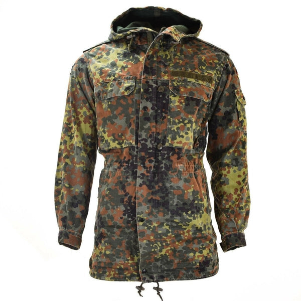 Original German army Flecktarn camouflage field jacket parka with liner, hood, adjustable cuffs, and multiple pockets