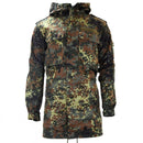 Original German army field jacket parka with hood in flecktarn camo, adjustable fit, multiple pockets, and German flag patch.
