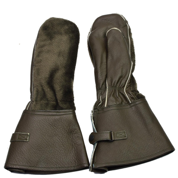 Vintage original German army leather motorcycle mittens with insulated lining and adjustable buckle straps for cold weather riding.