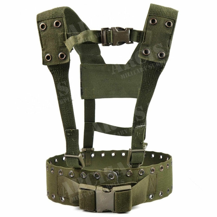 Origineel Duits leger-singelsysteem, tweedelige tactische riem, Y-riem harnas van olijfgroen canvas met metalen oogjes en verstelbare bandjes