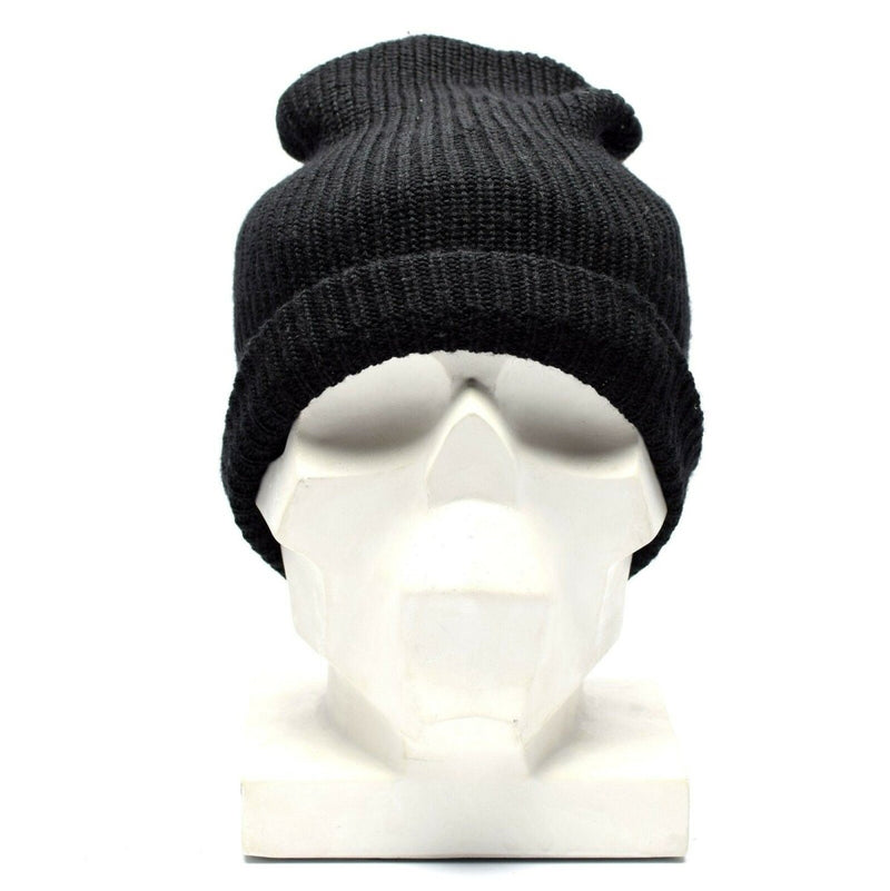 Vintage black German army winter beanie with windproof lining, knitted for warmth and style on a white mannequin head.