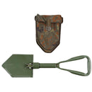 Original German BW Army folding shovel in green with serrated edge and camouflage carrying pouch for outdoor use
