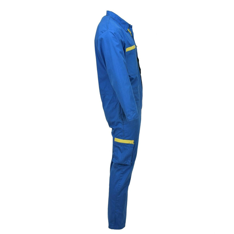 Side view of original German Bundeswehr bright blue acid-resistant work coverall with yellow zipper accents and pockets