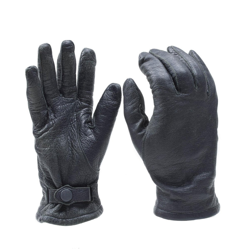 Black German military leather gloves with adjustable wrist strap, durable and designed for outdoor use and style.