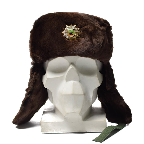 Original German police faux fur ushanka winter hat with ear flaps and military badge for cold weather protection