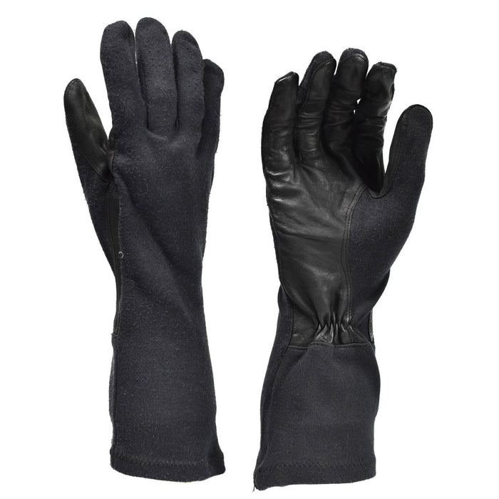 Originele Duitse leger zwarte aramide hittebestendige tactische handschoenen met leren handpalmen en verlengde onderarmbescherming