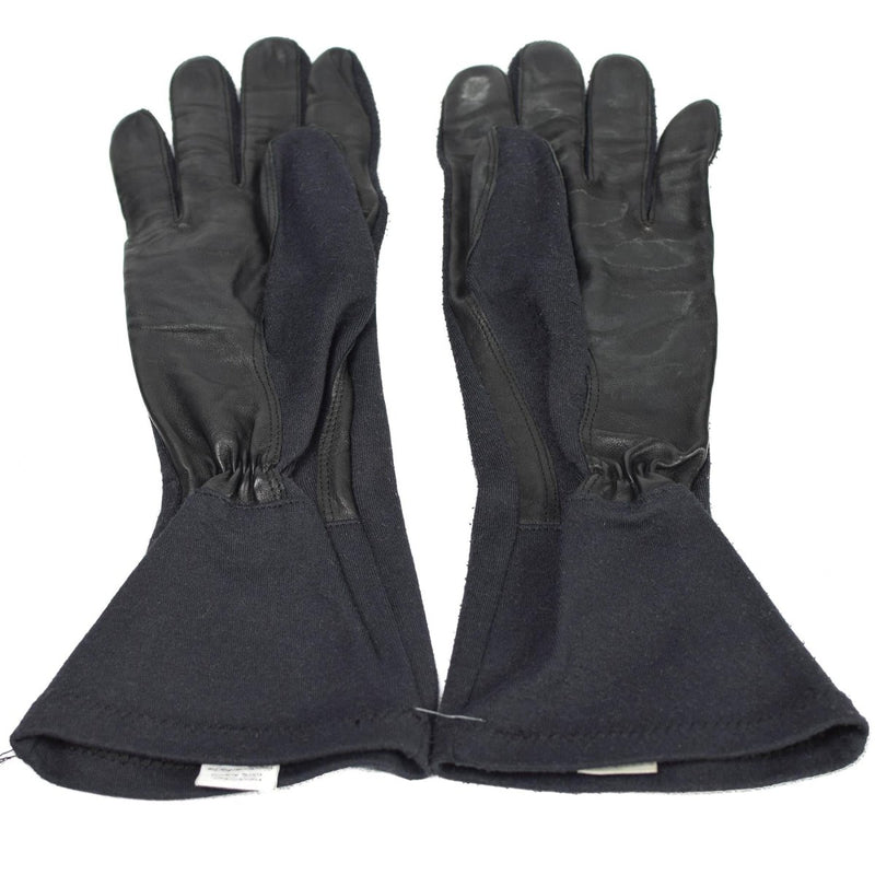 Original German Army black aramid long gloves with leather palms, heat resistant and tactical surplus design.