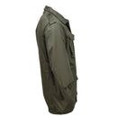 Side view of the Original Greek military M65 olive green field jacket with hood and multiple pockets.