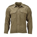 Original Greek military tactical olive wool shirt with button-up front, shoulder epaulettes, and long sleeves.