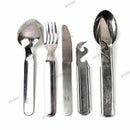Original Hungarian military 4-piece cutlery set with spoon, fork, knife, and can opener in stainless steel for outdoor use.