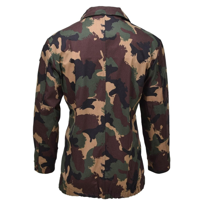 Back view of original Hungarian military M1990 field jacket in four-color woodland camouflage pattern