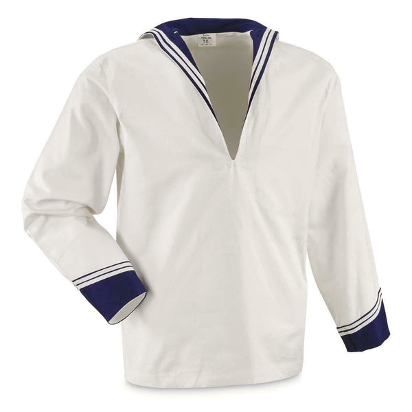 White Italian navy middy shirt with long sleeves and traditional sailor collar detailing in navy blue