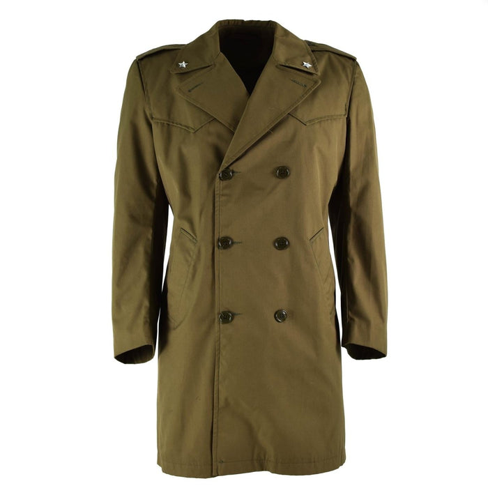 Vintage originele Italiaanse leger kaki trenchcoat regenjas met dubbele rij knopen, militair ontwerp en waterdichte stof