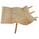 Original Italian Military Gaiters Canvas Leather Inserts Army Surplus Khaki laid flat showing straps and reinforced areas for outdoor gear use