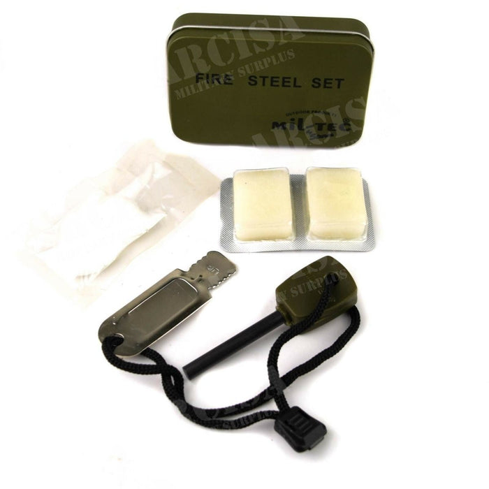 Kit allume-feu Mil-Tec avec acier à feu, percuteur, barres d'amadou et boîte de rangement vert olive pour une utilisation de survie