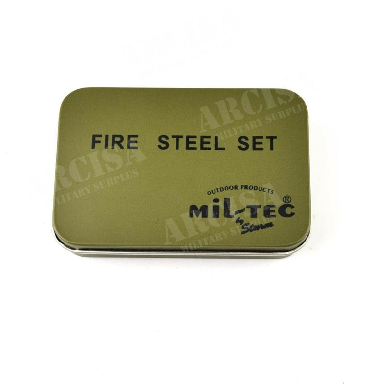 Compact olive green Mil-Tec fire steel set box for reliable outdoor fire starting and survival use.