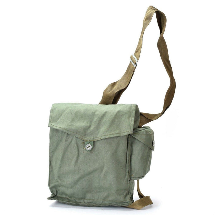 Vintage Sovjet-tijdperk Poolse OM-14 gasmasker draagtas met verstelbare riem, militair groen canvas schoudertasje.