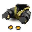 Vintage Romanian army IOR VALDADA 7x40 binoculars with IR filter lenses and green carrying strap on white background