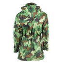 Back view of original Serbian Army special forces camouflage parka jacket with hood and adjustable waist.