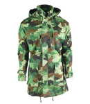Serbian Army Special Forces BDU parka jacket with woodland camouflage, hood, and multiple utility pockets shown front view.