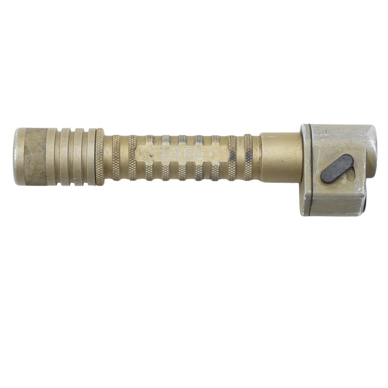 Tactical flashlight with sandstone finish on a white background