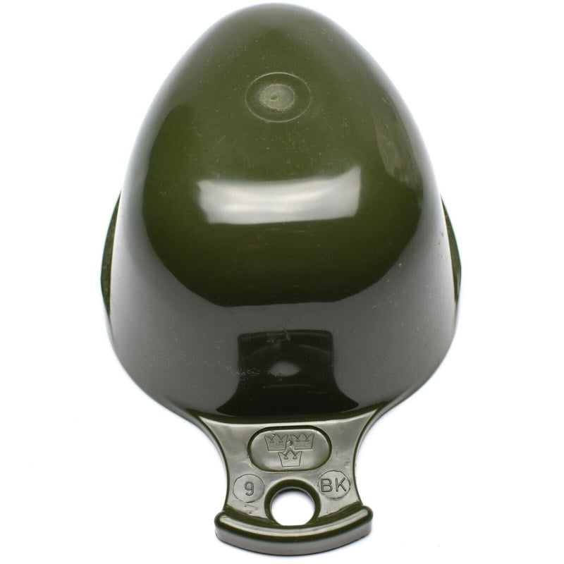 Swedish military issue dark green plastic cup Kuksa with ergonomic handle and compact durable design for outdoor use.