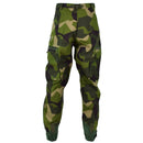 Original Swedish Army M90 pants in splinter camouflage with reinforced knees, ankle zips, and secure pocket closures.