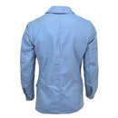 Back view of original Swedish Civil Defense light blue denim vintage jacket with long sleeves and button cuffs