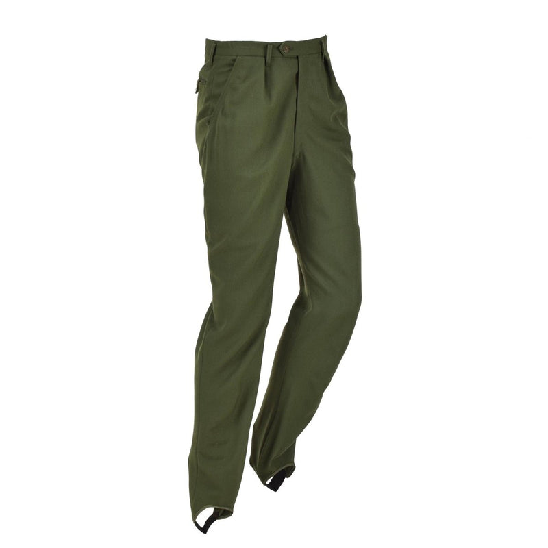 Original Swedish military green formal pants with pleated front and stirrup design for durability and style.