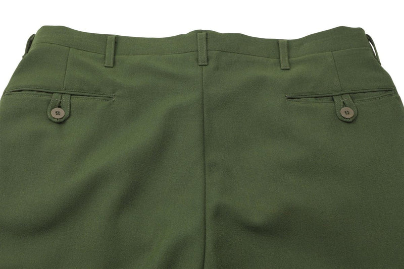 Back view of original Swedish military green formal pants with buttoned back pockets and belt loops
