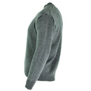 Side view of gray Swiss army M74 pullover jumper made of virgin wool with quarter-zip and ribbed cuffs and waistband