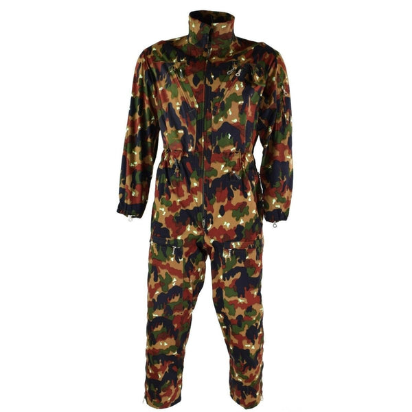 Original Swiss military Alpenflage coverall suit with zip front and elastic cuffs for rugged outdoor use.
