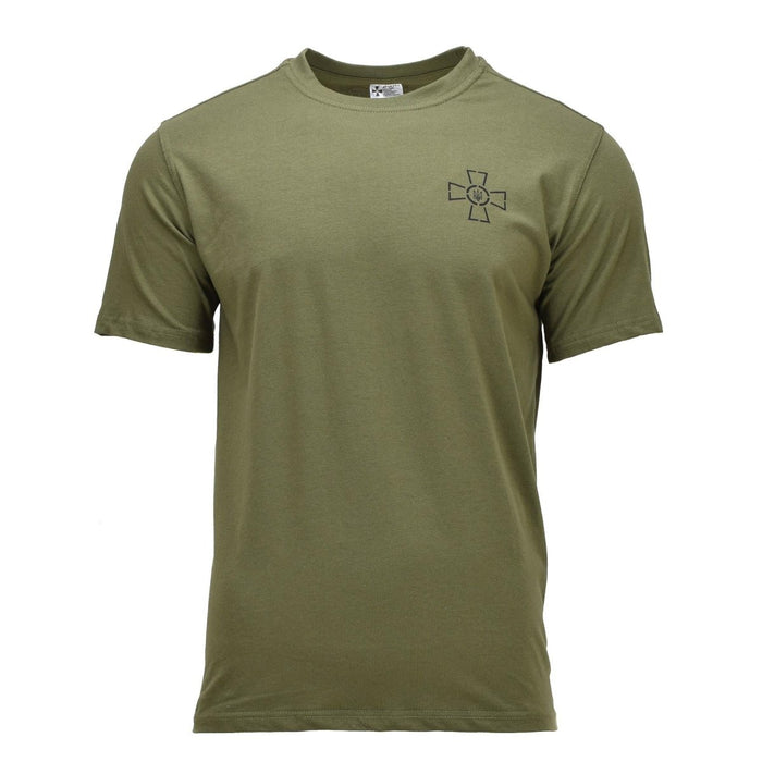 Olijfgroen militair T-shirt met korte mouwen en Tryzub-embleem van de Oekraïense strijdkrachten op de borst, ademende katoenmixstof