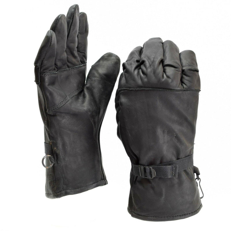 Original US Army combat gloves made of genuine black leather with insulated lining and secure wrist straps.