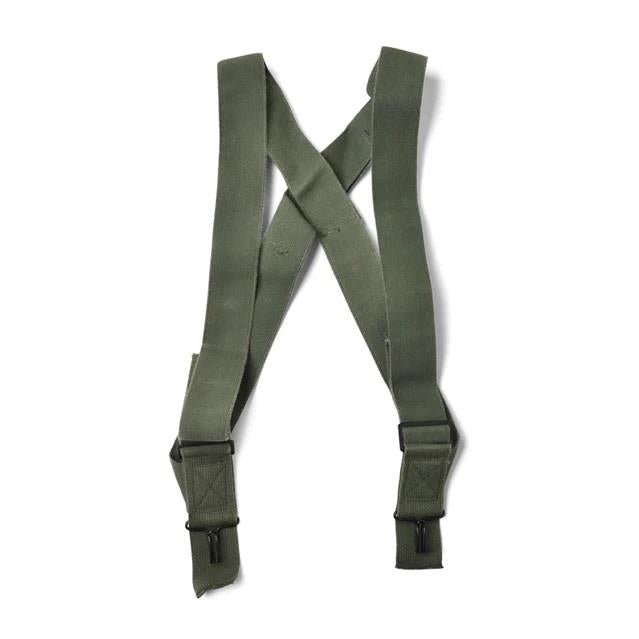 Olijfgroene, echte Amerikaanse militaire M1950-bretels met verstelbaar schouderharnas en metalen clips voor broekondersteuning