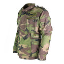 Original vintage Slovakian army M97 field jacket with woodland camouflage, multiple pockets, and military detailing