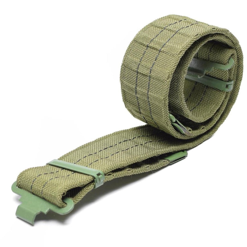 Original olive green military surplus combat utility pistol belt with quick-release buckle and durable webbing material.