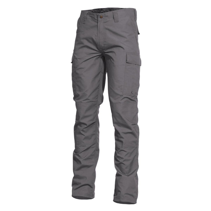 Pantalon de combat cargo Pentagon BDU 2.0 gris avec genoux renforcés, braguette zippée, plusieurs poches et tissu ripstop durable.