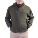 Man wearing olive green Pentagon Falcon Pro tactical knitted fleece hoodie with zipper and pockets