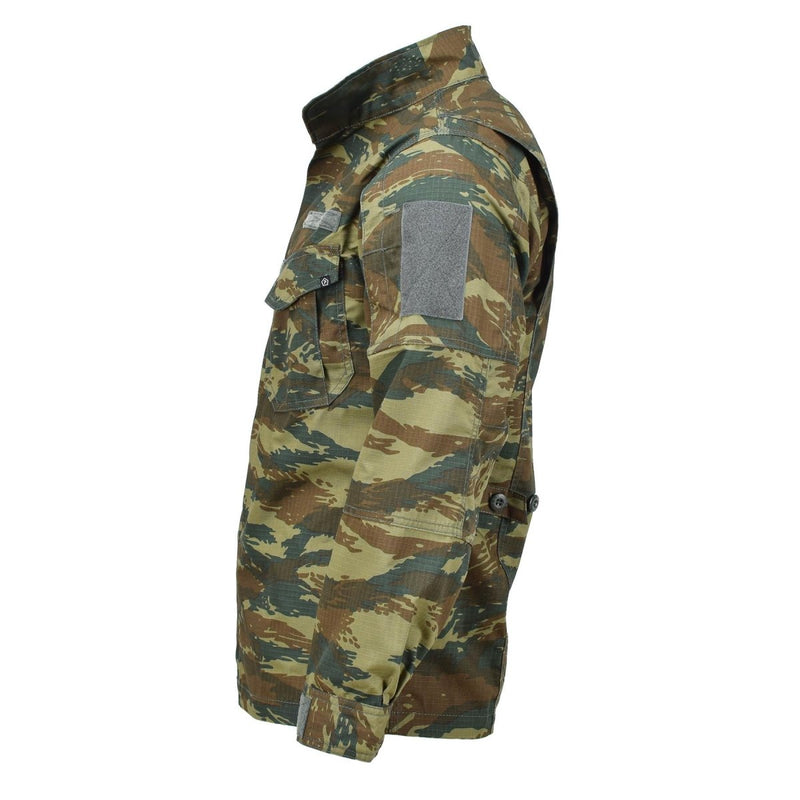 Side view of Pentagon Lycos jacket in Greek army lizard camouflage with ripstop, water-repellent, durable fabric.