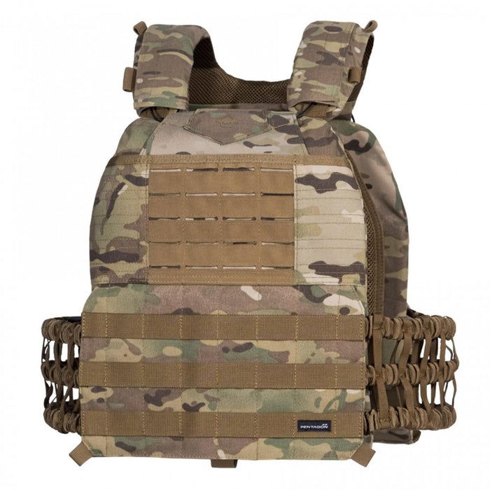 Gilet balistique tactique Pentagon Milon Plate Carrier Mk2 en Multicam avec système MOLLE et sangles réglables.