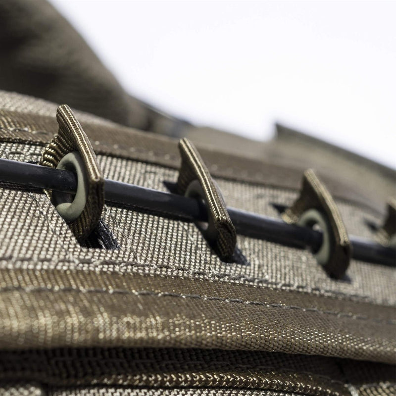 Close-up of the durable Cordura 500D fabric and secure lacing detail on the PENTAGON Milon Plate Carrier Mk2 vest.