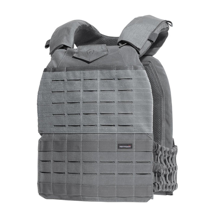 Gilet tactique gris PENTAGON Milon Plate Carrier Mk2 avec système MOLLE découpé au laser et panneaux en maille respirante