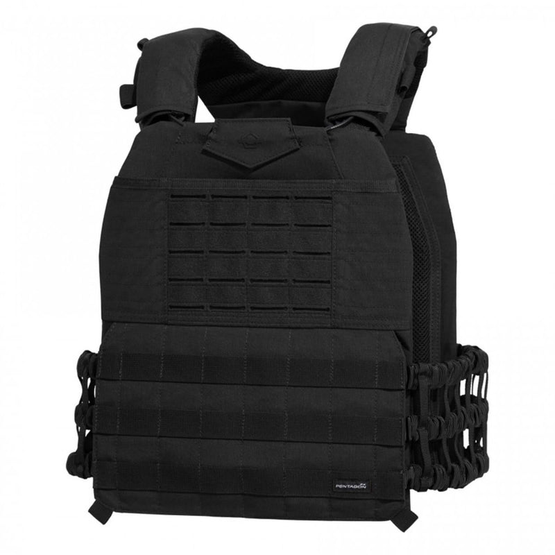 Black PENTAGON Milon Plate Carrier Mk2 tactical vest with MOLLE system and adjustable straps for ballistic protection and customization.
