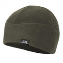 Dark olive green fleece watch hat with flat seams, lightweight and foldable for winter outdoor warmth and comfort