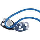 Petzl GRIGRI+ assisted braking belay device with blue climbing rope for safety in sport climbing and rappelling.